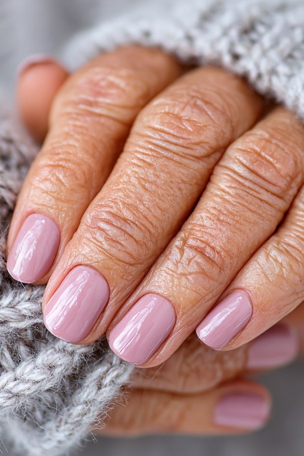 Short rounded natural nails on mature hands