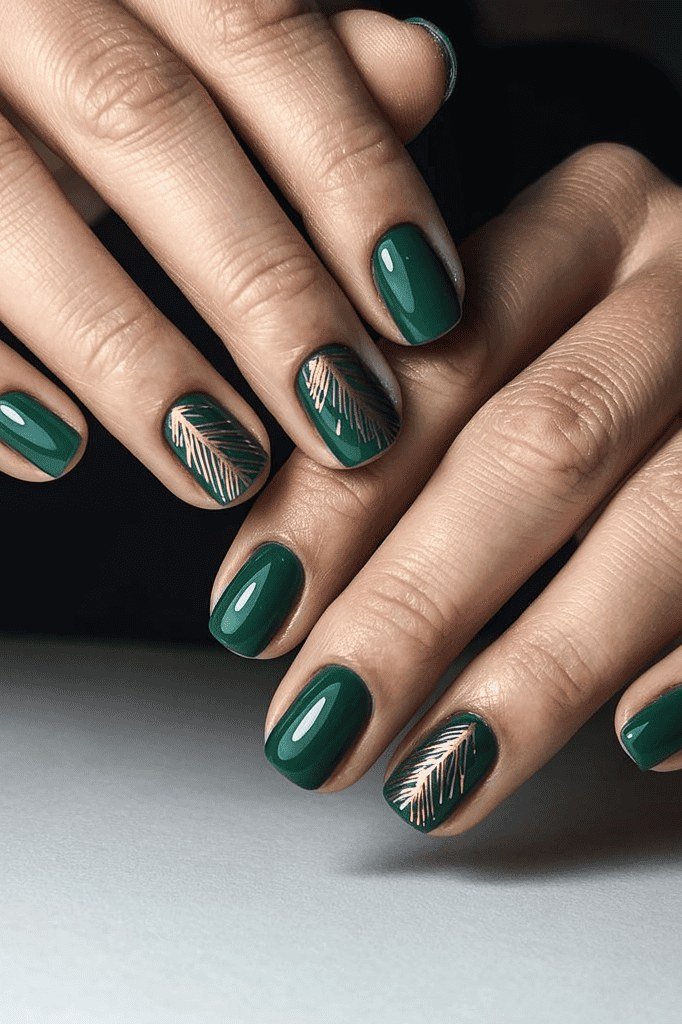 Emerald gel nails with gold leaf for mature hands