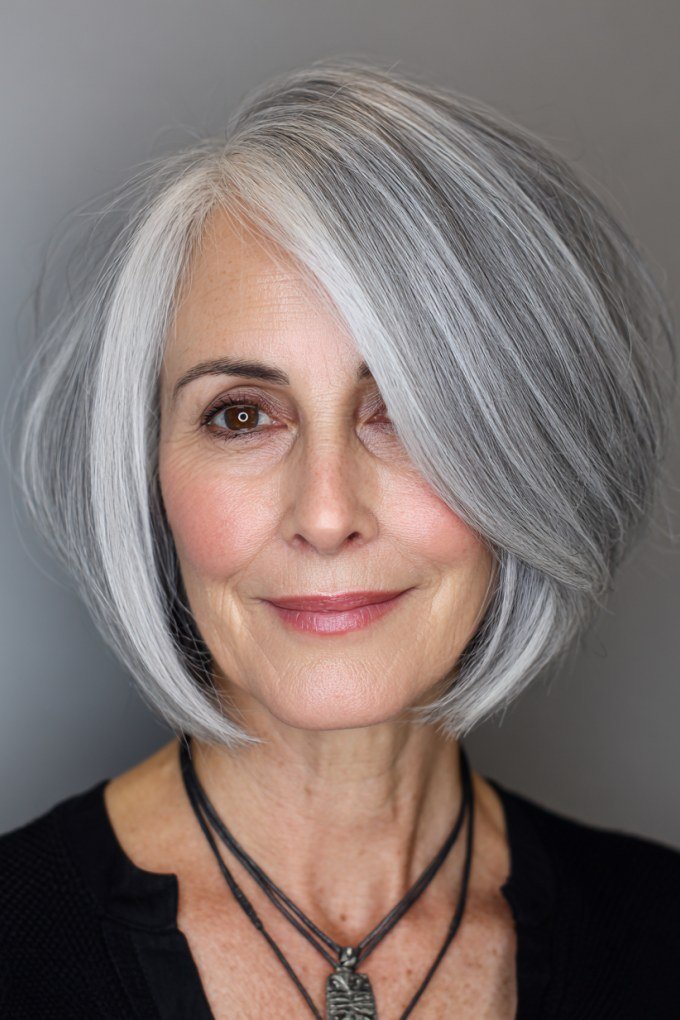 Silver bob with straight fringe for older women