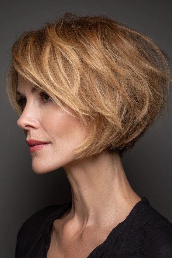 Honey Blonde Stacked Bob, chic bob haircut for women over 50
