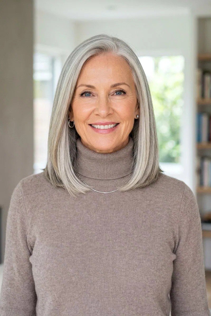 sleek straight silver medium bob, front view, medium length hairstyle for women over 60