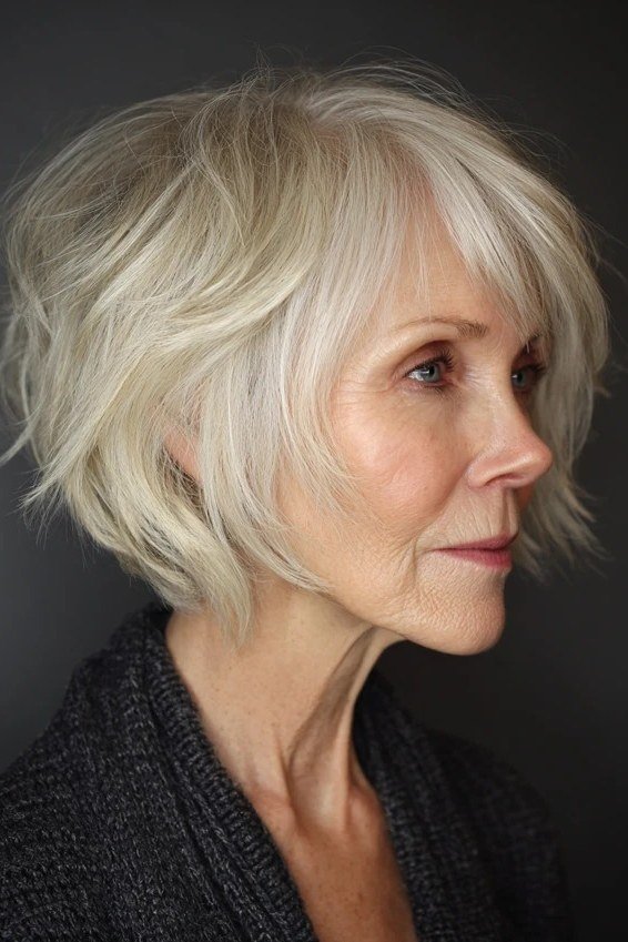 Choppy bob hairstyle for women over 60: blonde choppy bob side dark background