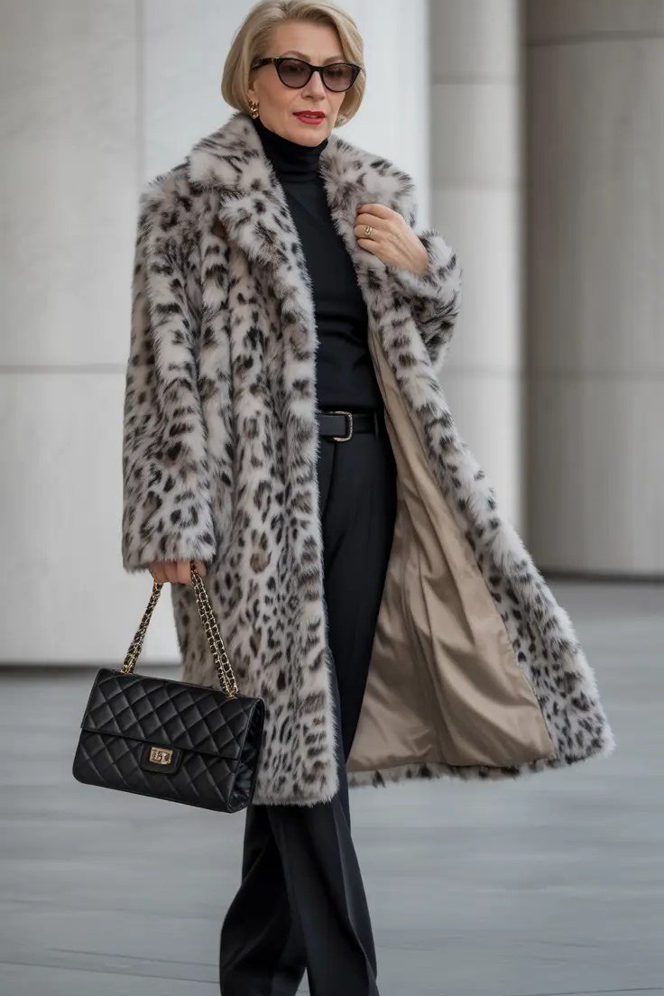 Stylish winter outfit for women over 60: snow leopard faux fur coat over black turtleneck with quilted chain bag