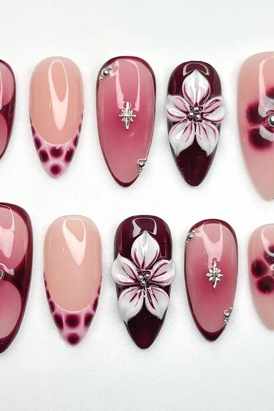 Burgundy floral press on nail set for women over 50