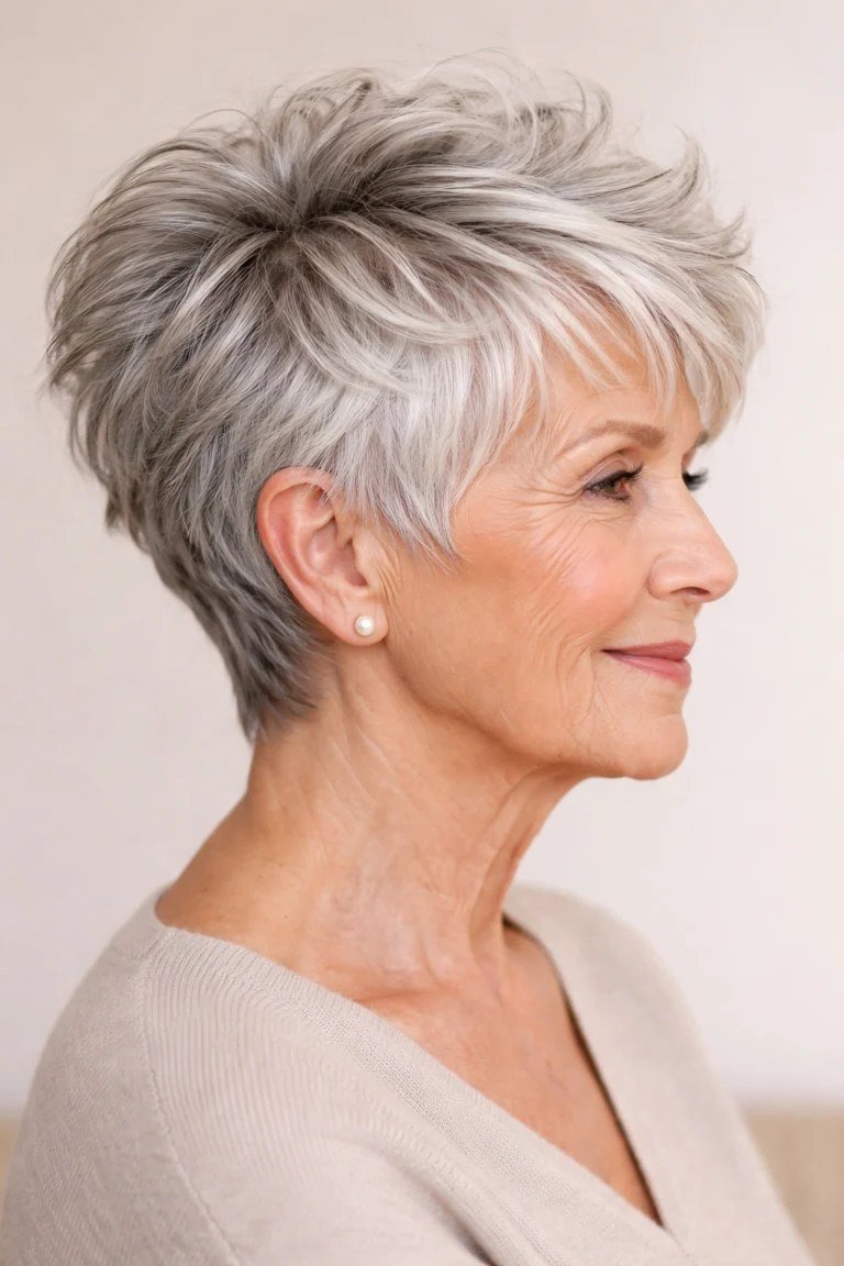 Feathered white pixie for women over 70, side view