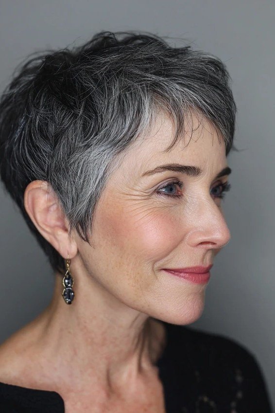 Salt-and-pepper pixie with layered top - trendy short haircut for older women with fine hair