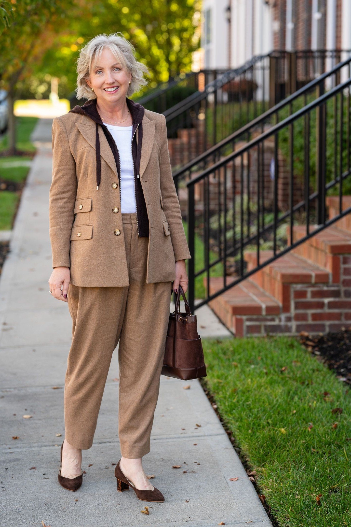 Camel blazer suit with matching trousers for women over 60