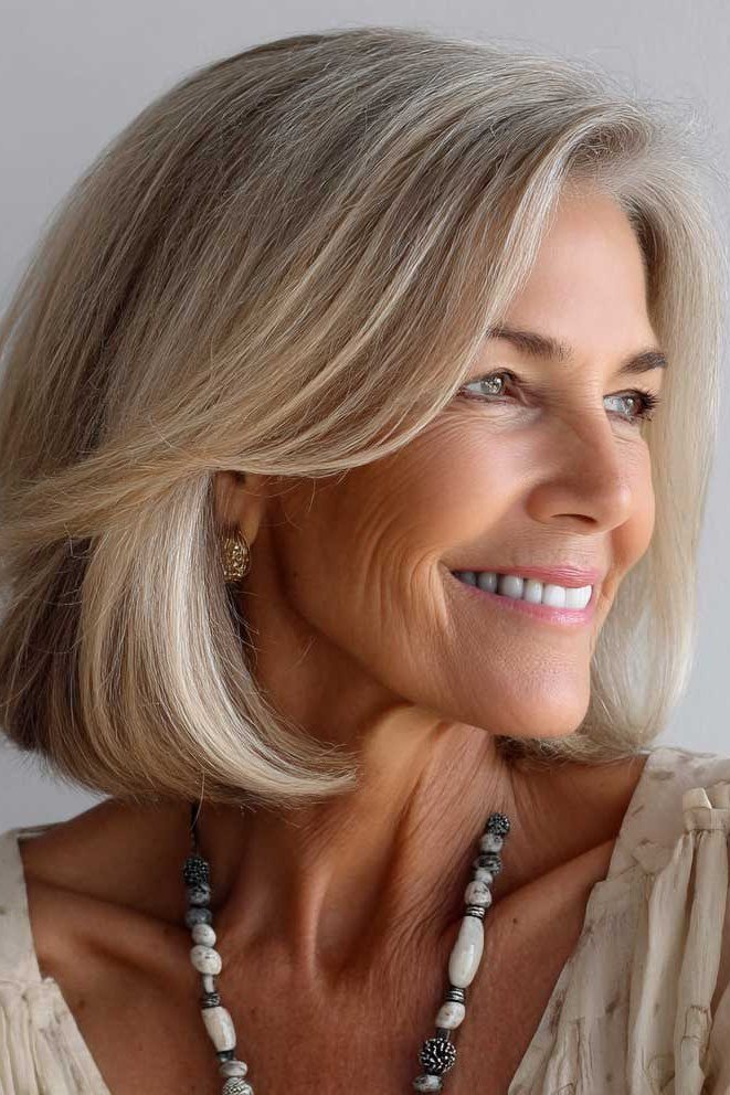 Silver classic bob, front view, woman in her 60s
