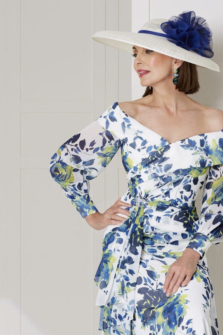 floral off-shoulder midi dress with white hat, studio,, elegant wedding guest dress for women over 60