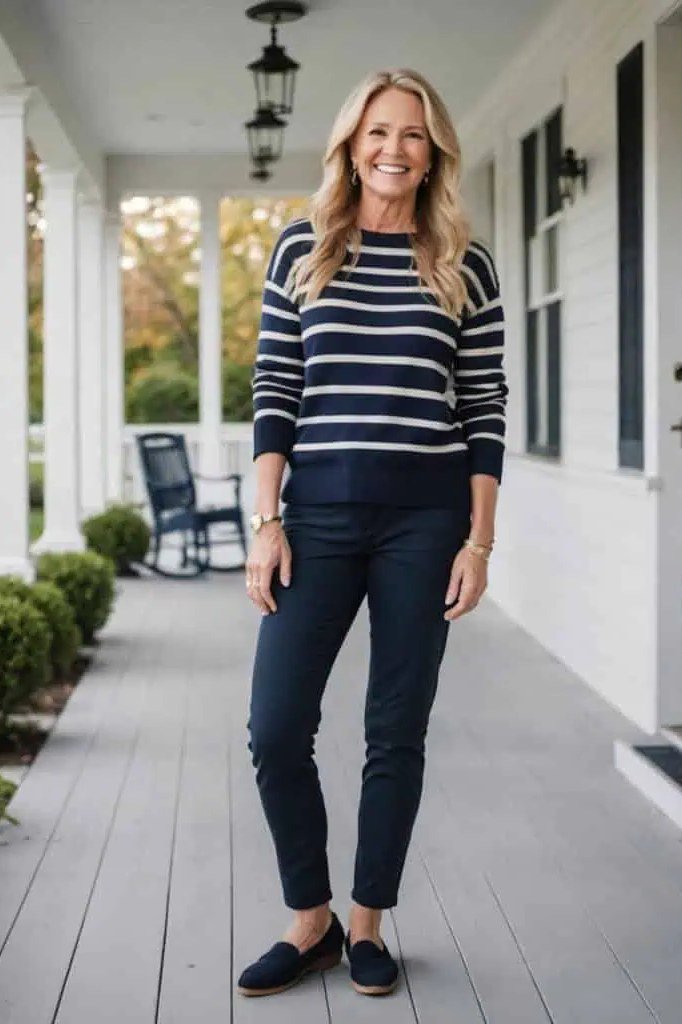 navy striped sweater and dark jeans fall outfit for women over 60