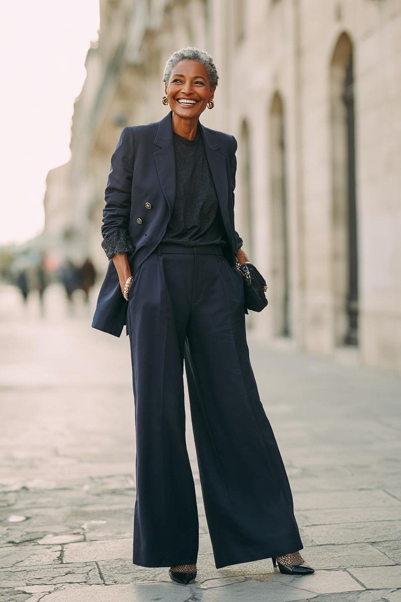 Older woman in navy double breasted blazer and wide leg trousers