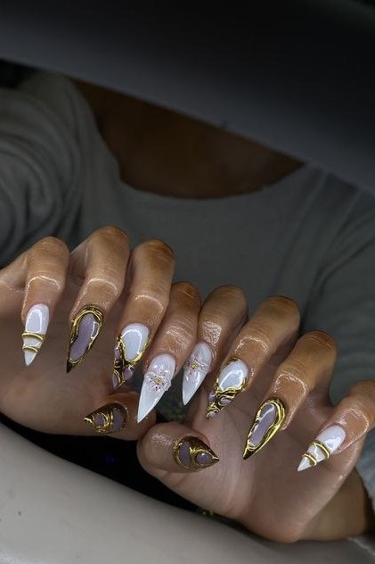 Black, Gold and White Abstract Art - elegant nail art idea for mature hands, women over 50