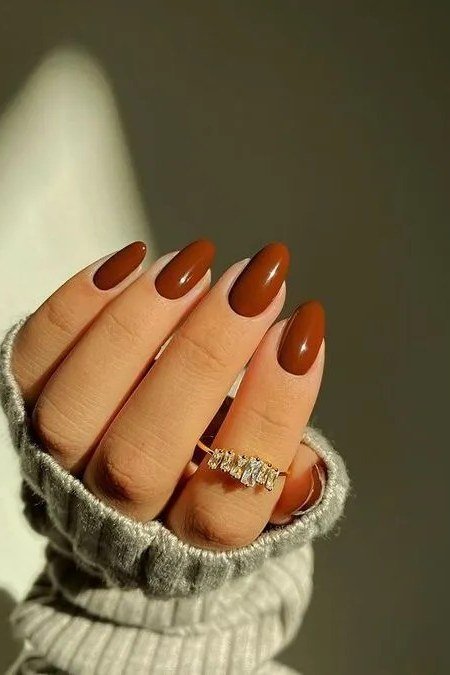 Warm Brown Oval Nails with Cream Sweater, chocolate brown fall nail design for women over 60