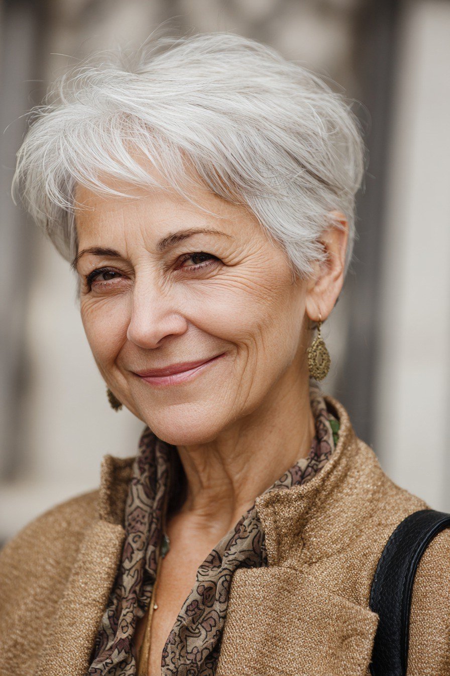 White cropped pixie, timeless hairstyle for women over 70