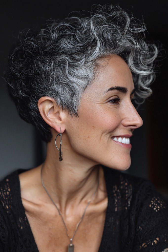 Silver curly bixie haircut side view smiling woman over 60