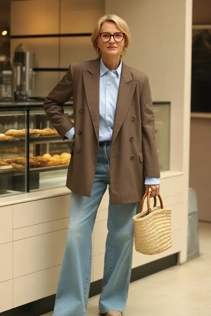 brown oversized blazer light blue shirt light wash wide leg jeans women over 50