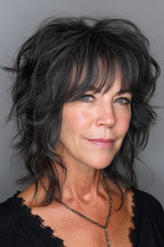 Chic Dark Shag with Bangs - medium shag haircut for women over 40