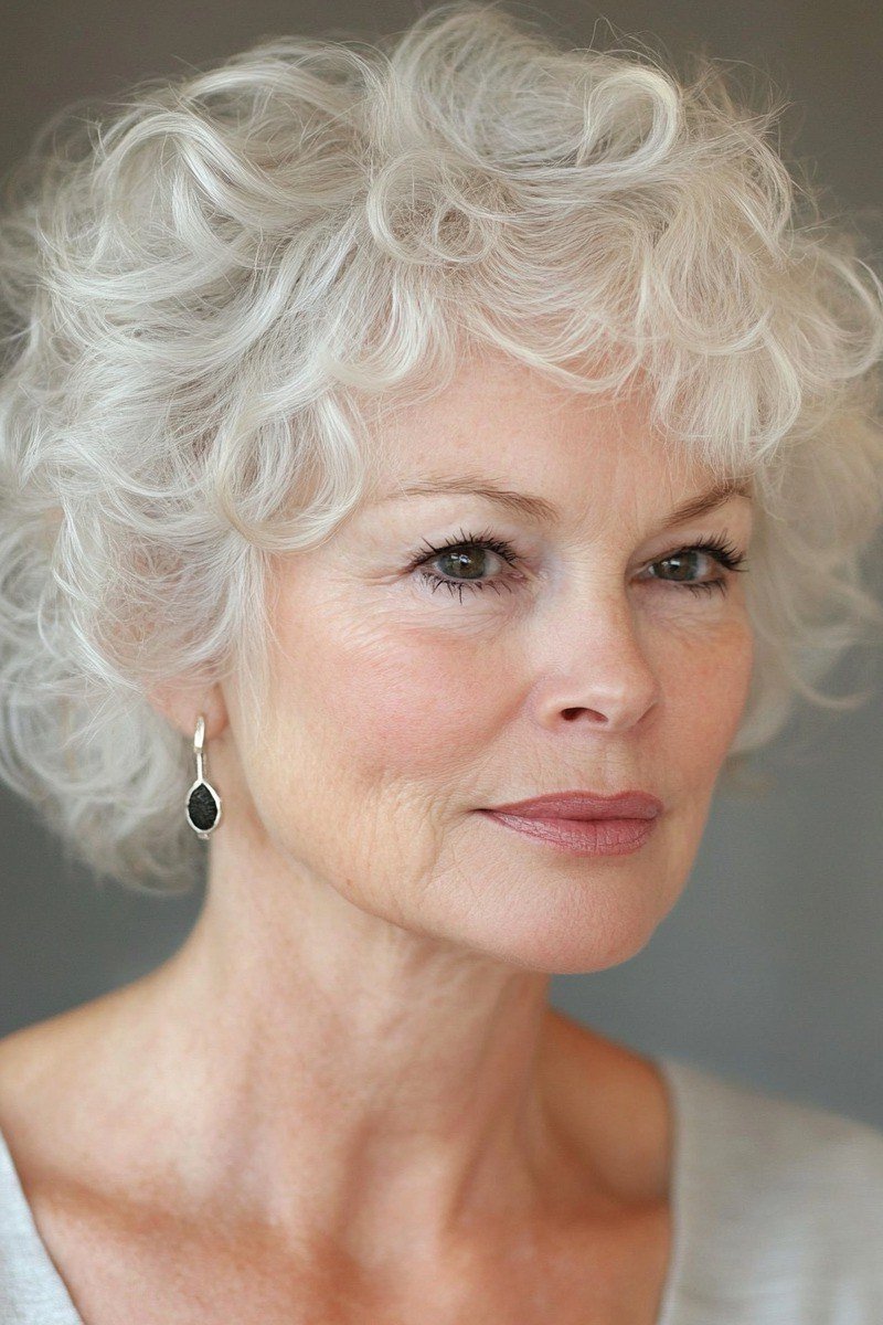White curly bob front view, older woman - curly hairstyle for women over 60