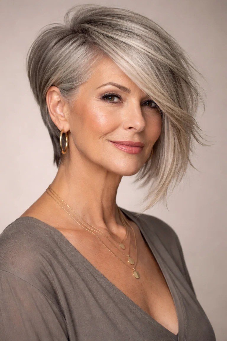 Ash-Blonde Side-Swept Pixie Bob - sassy hairstyle for older women