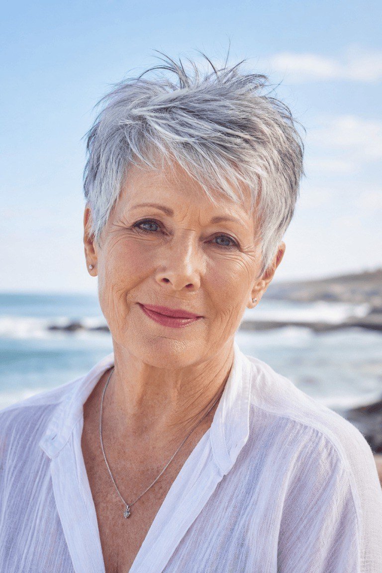 Silver wispy pixie haircut with soft side layers at the beach for older women