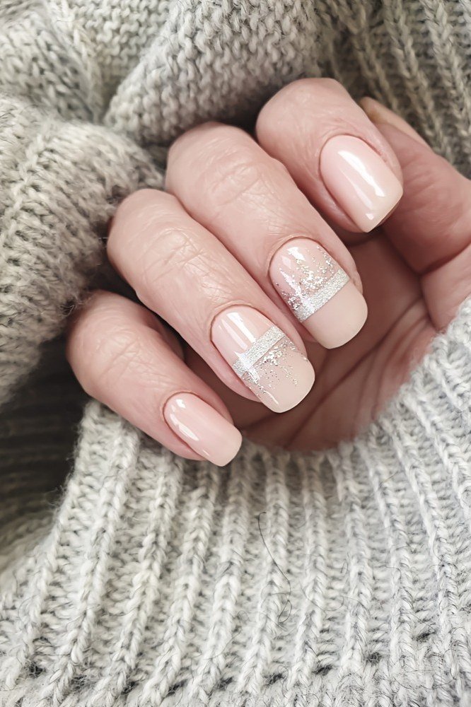 Nude Shimmer Nails with a Grey Knit Sweater for women over 60