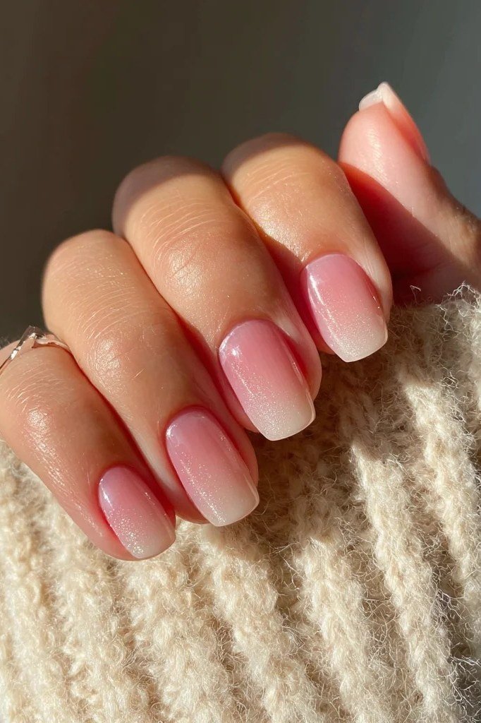 sheer pink short oval nails on mature hand