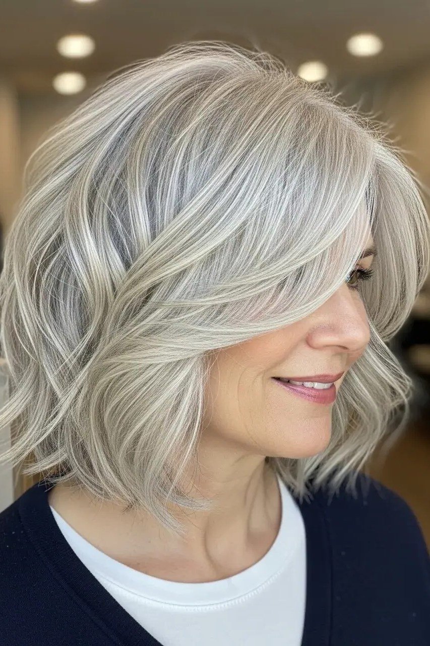 Swingy Silver Layered Bob for women over 60
