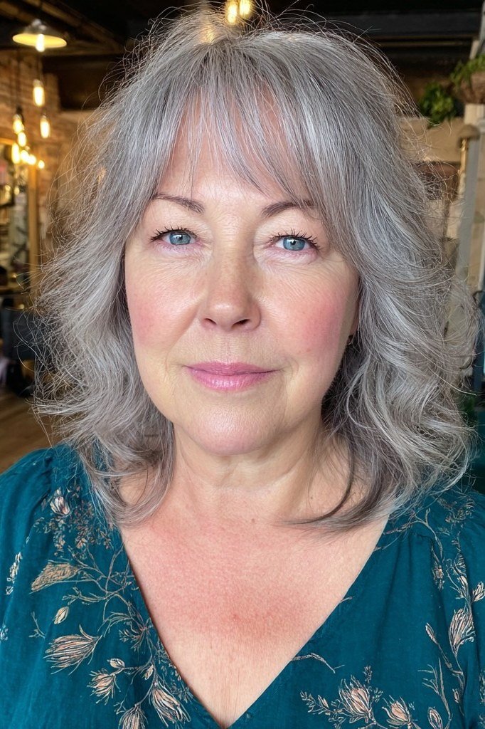 Shoulder-length silver wavy lob on mature woman, front view