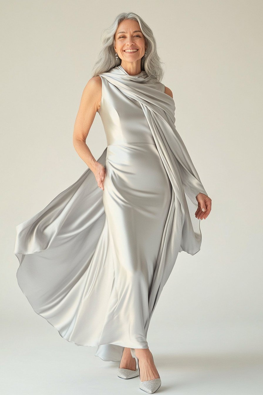 silver one-shoulder flowing gown