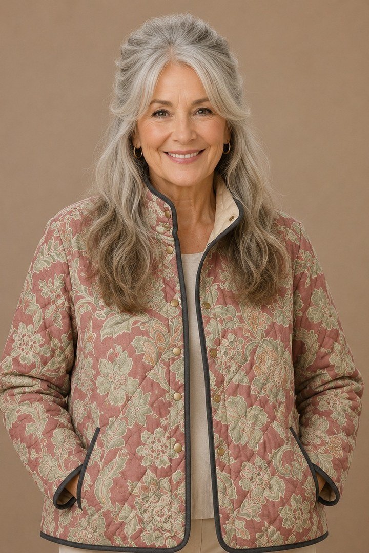 Floral quilted jacket outfit for women over 60