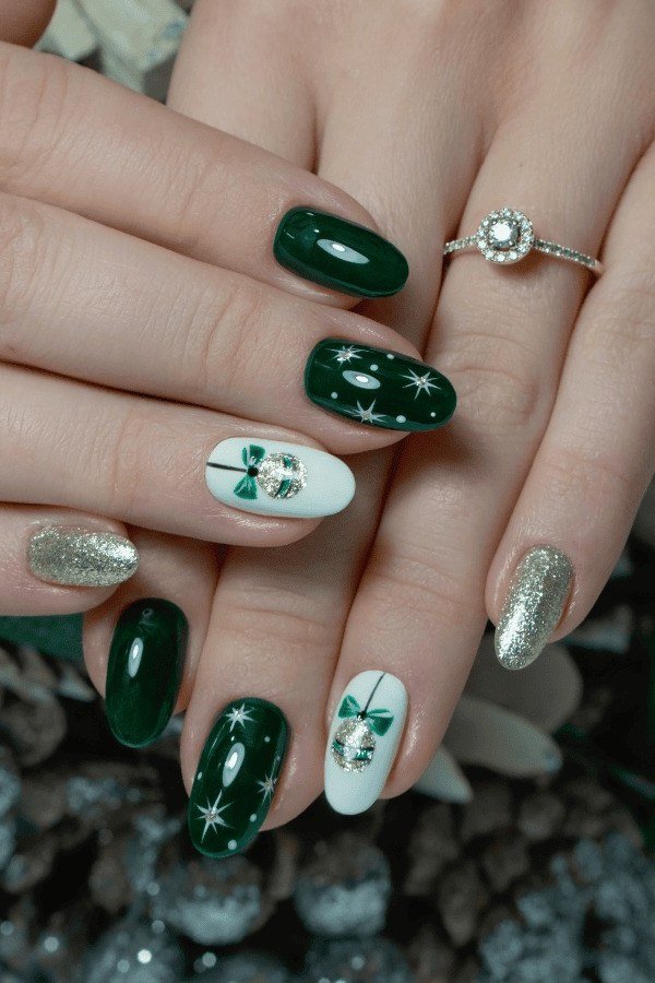 Dark green and white nails with tree art and gold glitter - classy Christmas nail idea for women over 70