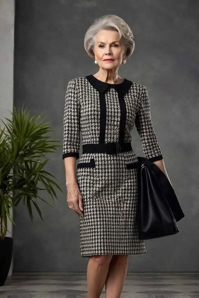 Black-and-white houndstooth sheath dress for women over 60