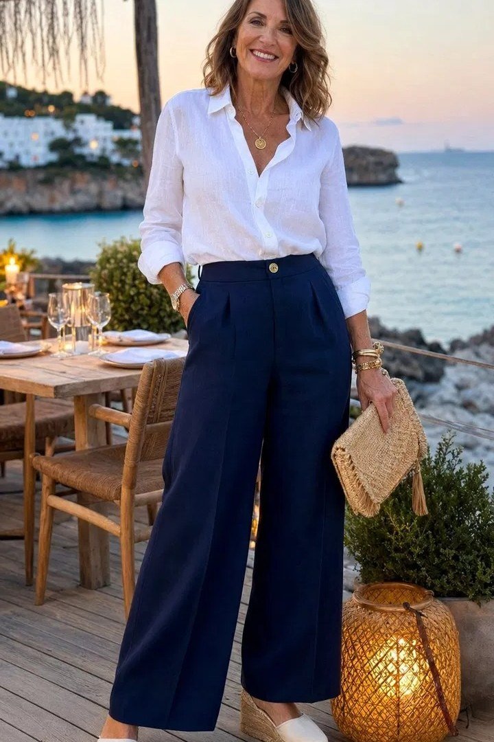 white shirt navy wide leg trousers evening over 50