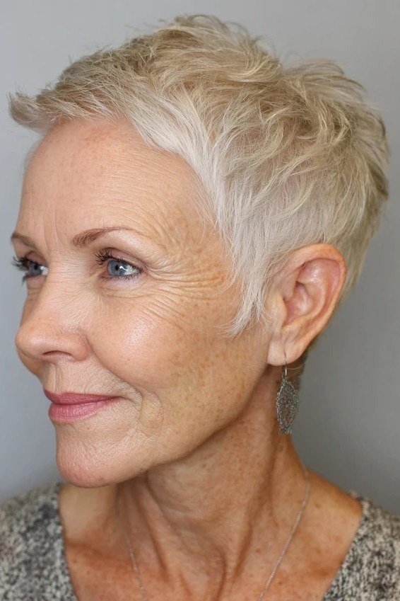 Silver textured pixie, smiling three-quarter view, micro pixie cut for women over 60 going silver