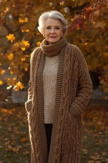 Camel cable-knit cardigan over beige sweater in autumn garden, cozy sweater outfit idea for women over 70