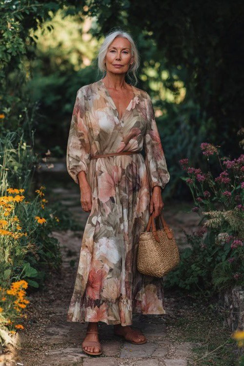 Muted Brown Floral Wrap Maxi summer outfit idea for women over 60