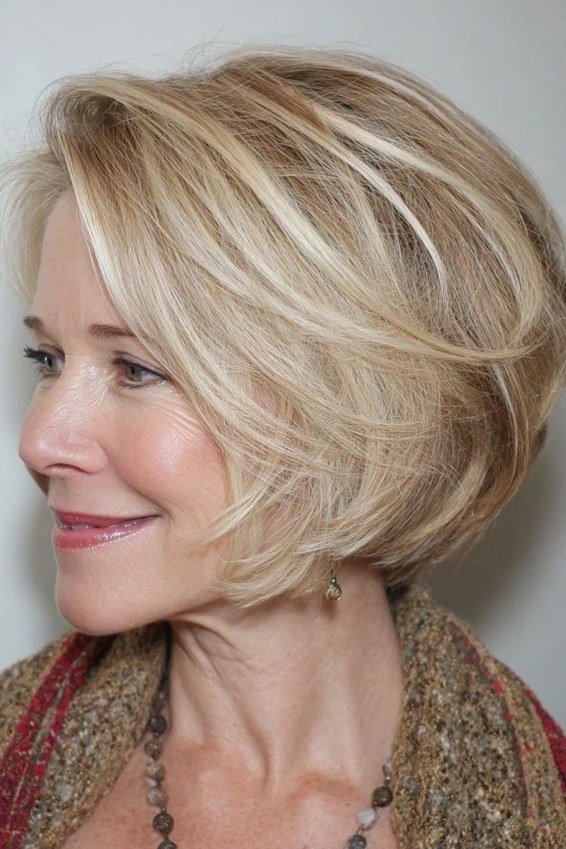 Blonde layered bob 3/4 view, smiling, short layered bob hairstyle for women over 60