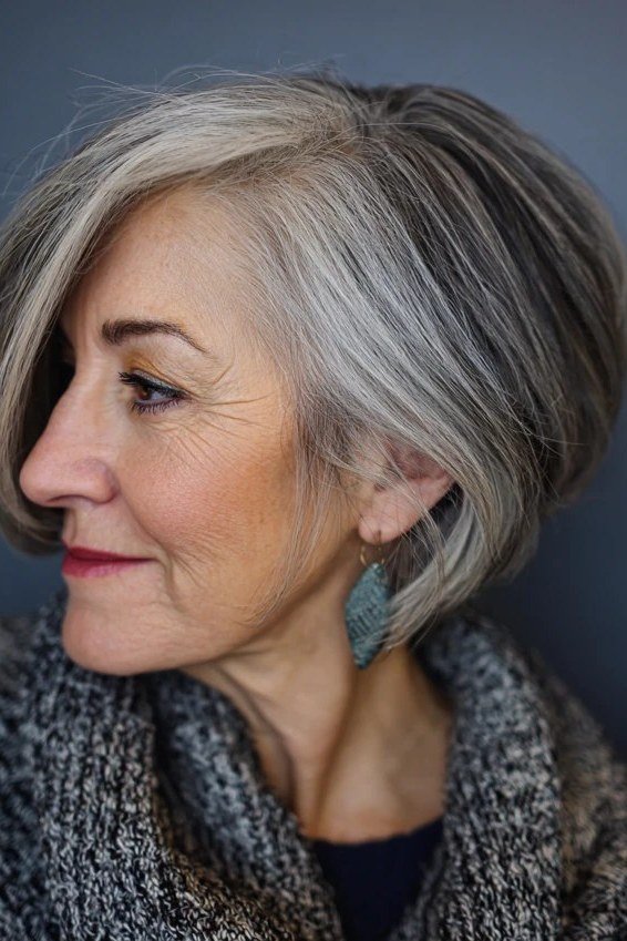 Angled Grey Bob - grey hairstyle for women over 60