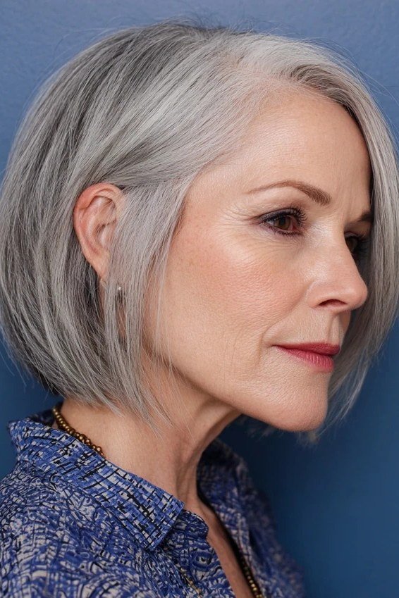 Classic Silver Bob with Polished Ends - grey shoulder length hairstyle for women over 60