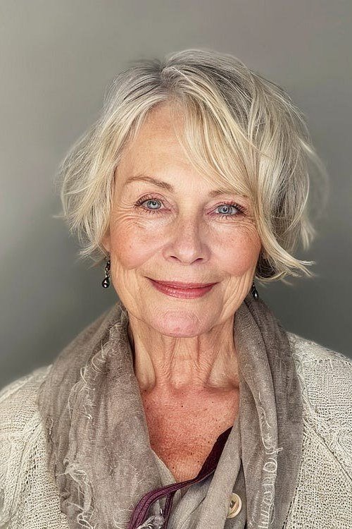 Soft layered silver bob haircut for women over 60