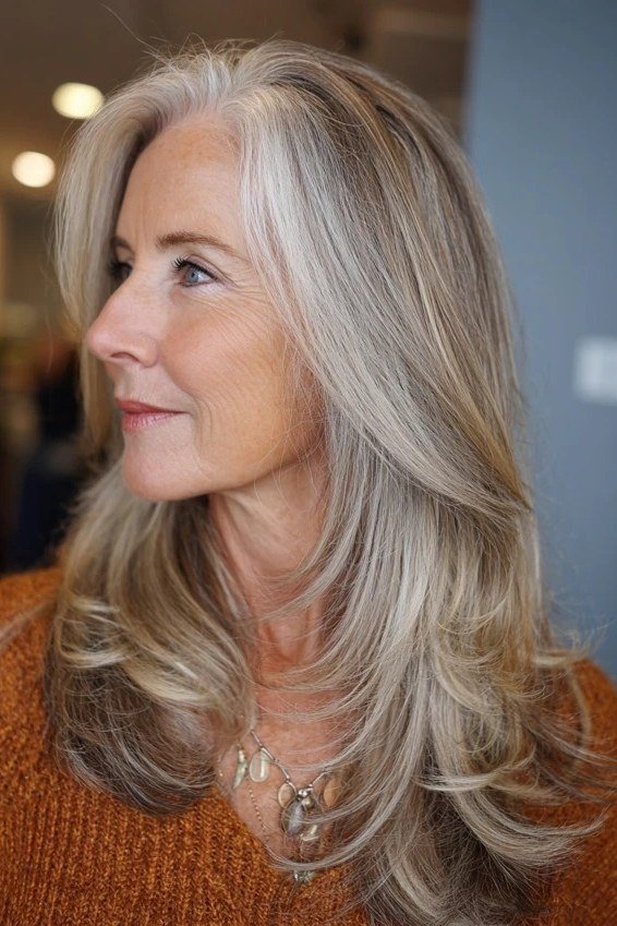 silver long straight hairstyle, side view, feathered ends for women over 50