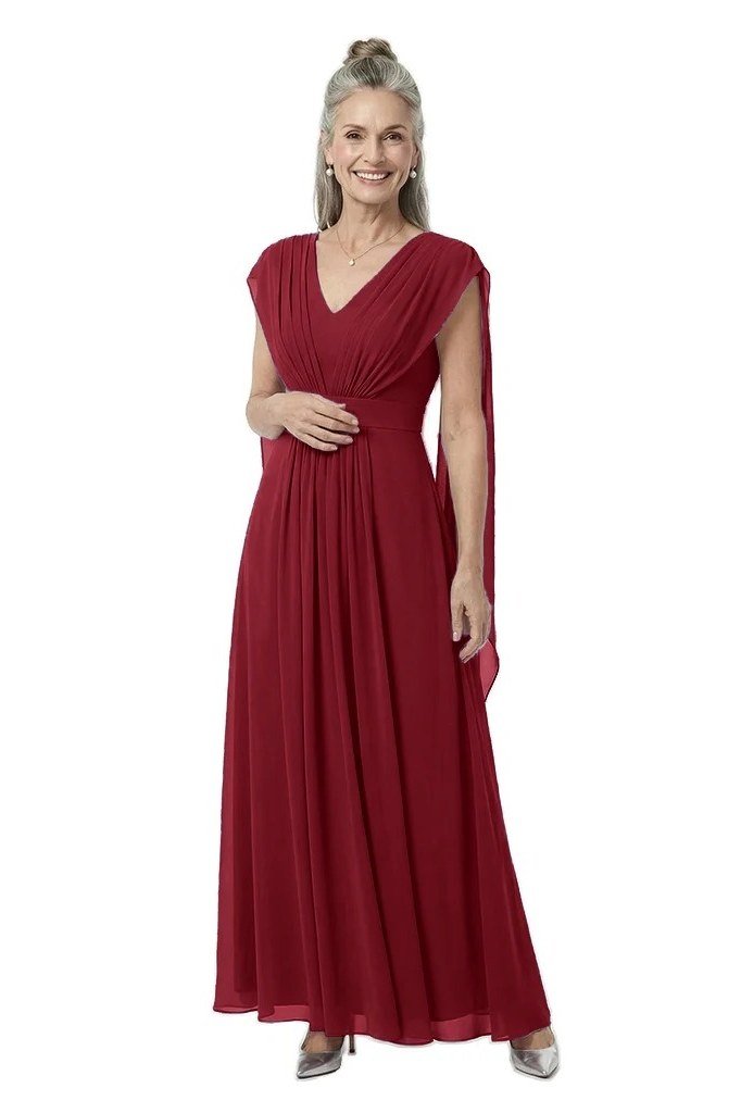 Wine-red drape-neck flowing maxi dress for women over 50, fall date night outfit