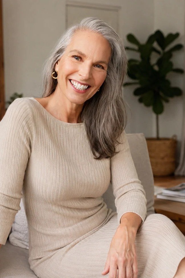 cream ribbed knit midi, relaxed fit for women over 60
