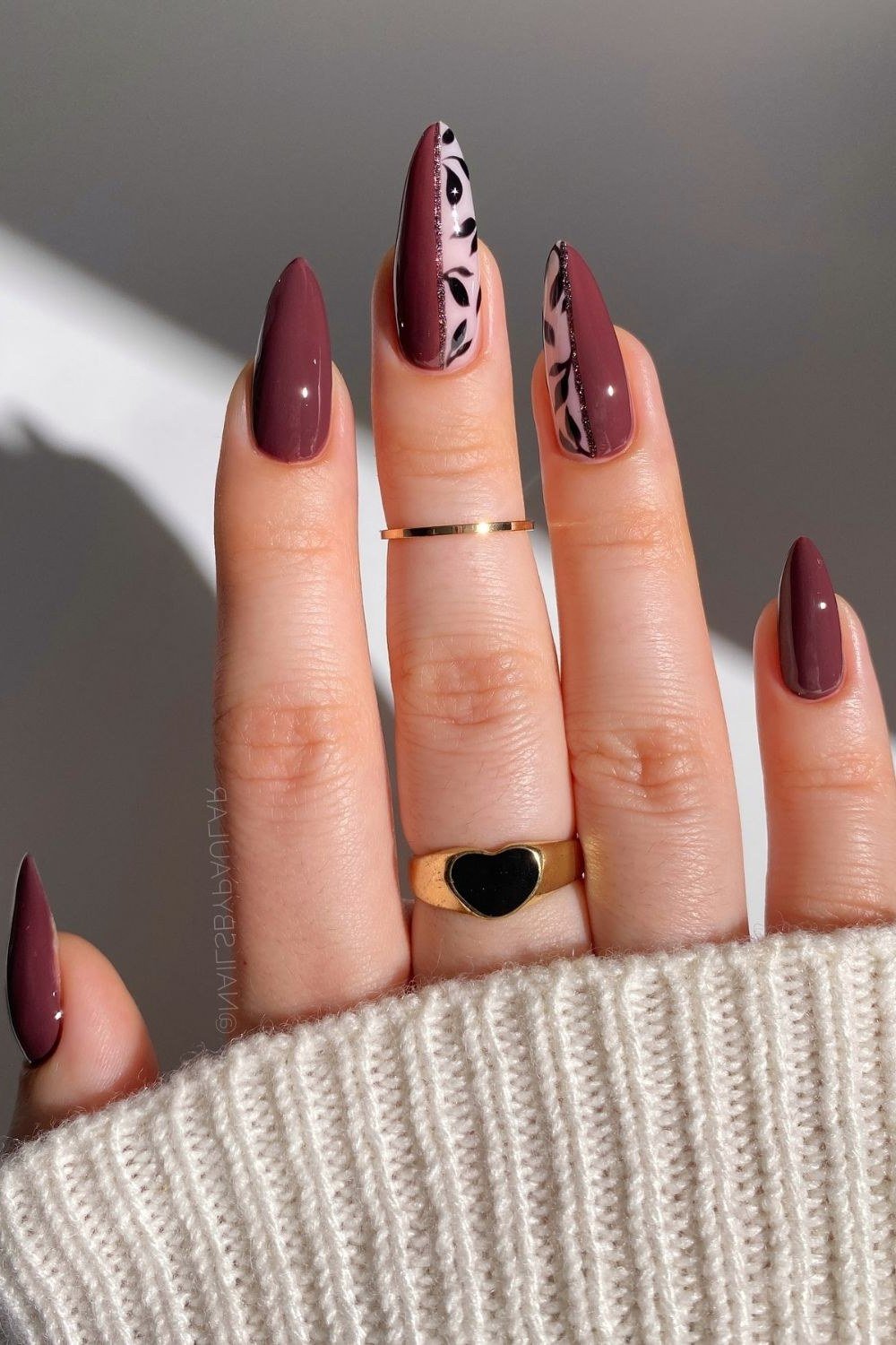 Matte deep burgundy nails with black white art accent nail