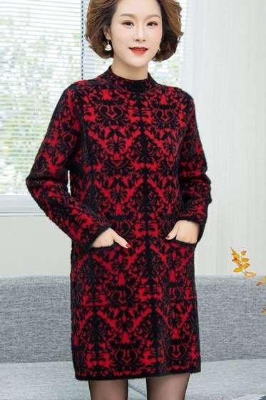 red and black patterned knit midi with pockets for women over 60