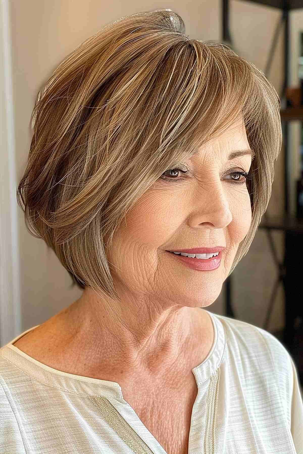 Light Brown Layered Bob, layered hairstyle for women over 70
