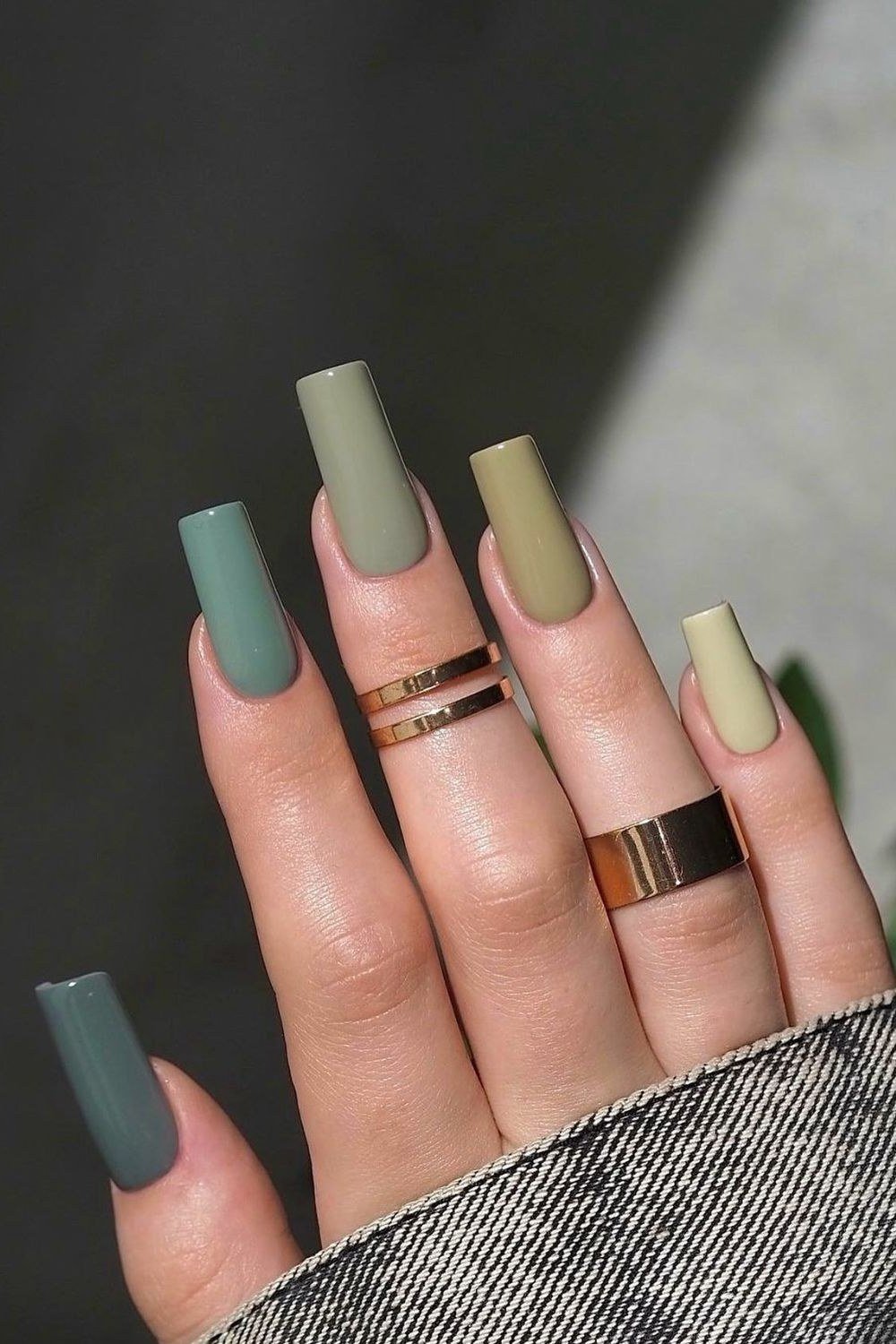 Sage green solid plus soft cream solid mix, square shape, medium length, matte, rings on fingers, fall nail color for women over 40