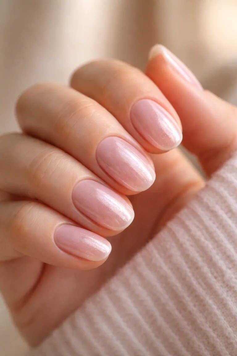 short almond, pearly nude, close-up fingers curled , for women over 60
