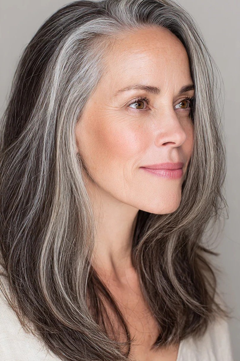 Medium-length straight silver layered cut for women over 40