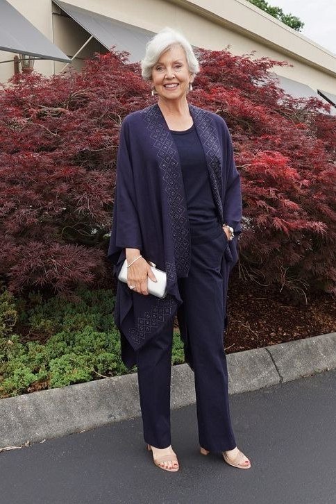 Navy Three-Piece Evening Set with Mandarin Collar - evening outfit for women over 60